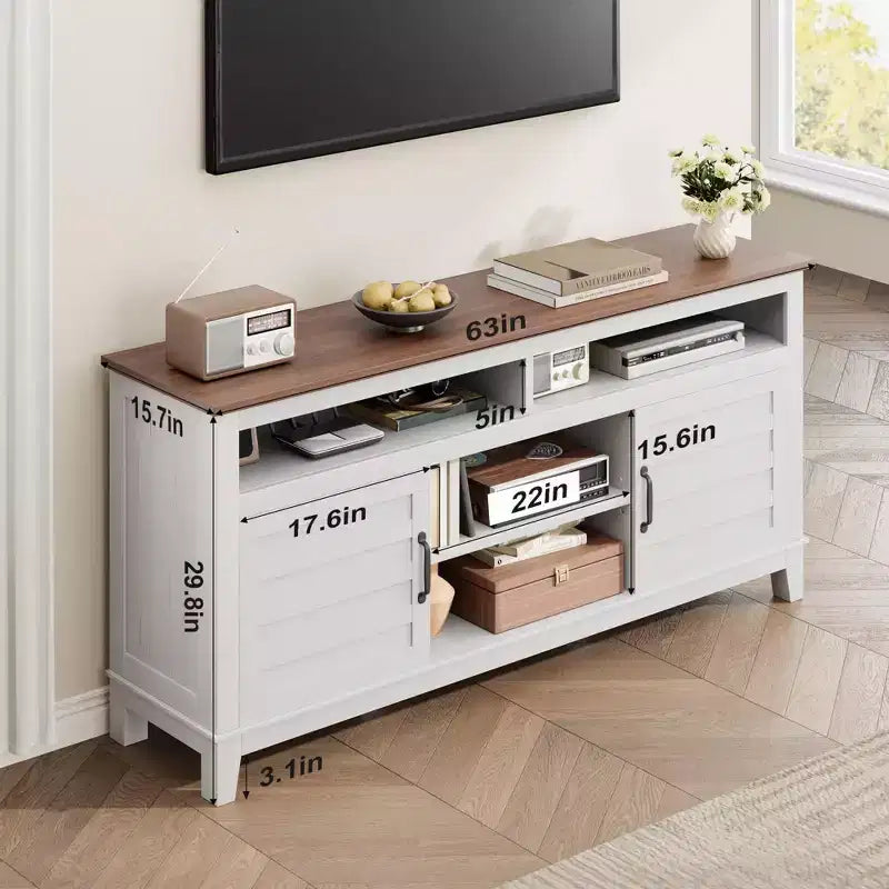 Modern TV Stand for 65 in TV, Semi-Open Double Door Cabinet with Adjustable Shelves  Brown Entertainment Center with 8 Storage Compartments