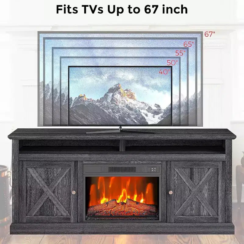 65 Inch Farmhouse TV Stand with View Window, Gray Finish Entertainment Center with Open Storage Shelves, Multi Functional Media Console