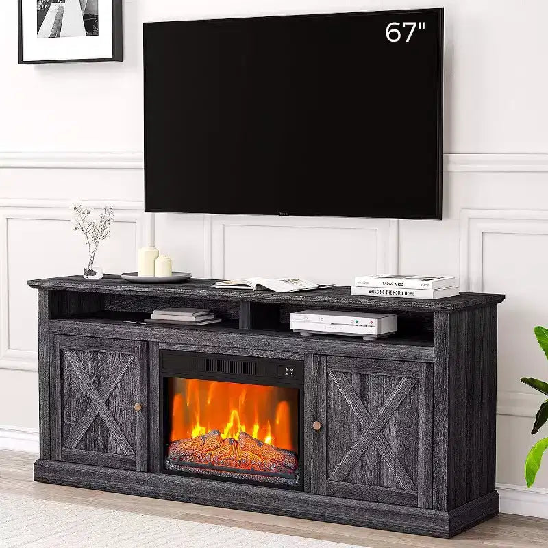 65 Inch Farmhouse TV Stand with View Window, Gray Finish Entertainment Center with Open Storage Shelves, Multi Functional Media Console