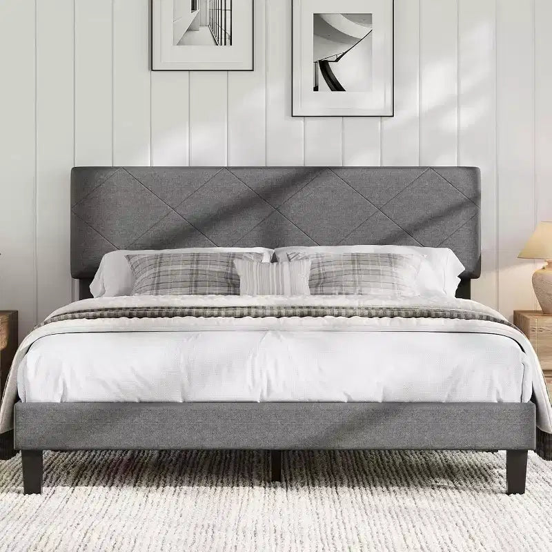 Bed Frame with Upholstered Headboard,Platform Bed Frame with Wooden Slat Support, Easy Assembly Platform Bed, No Box Spring Needed Noise Free