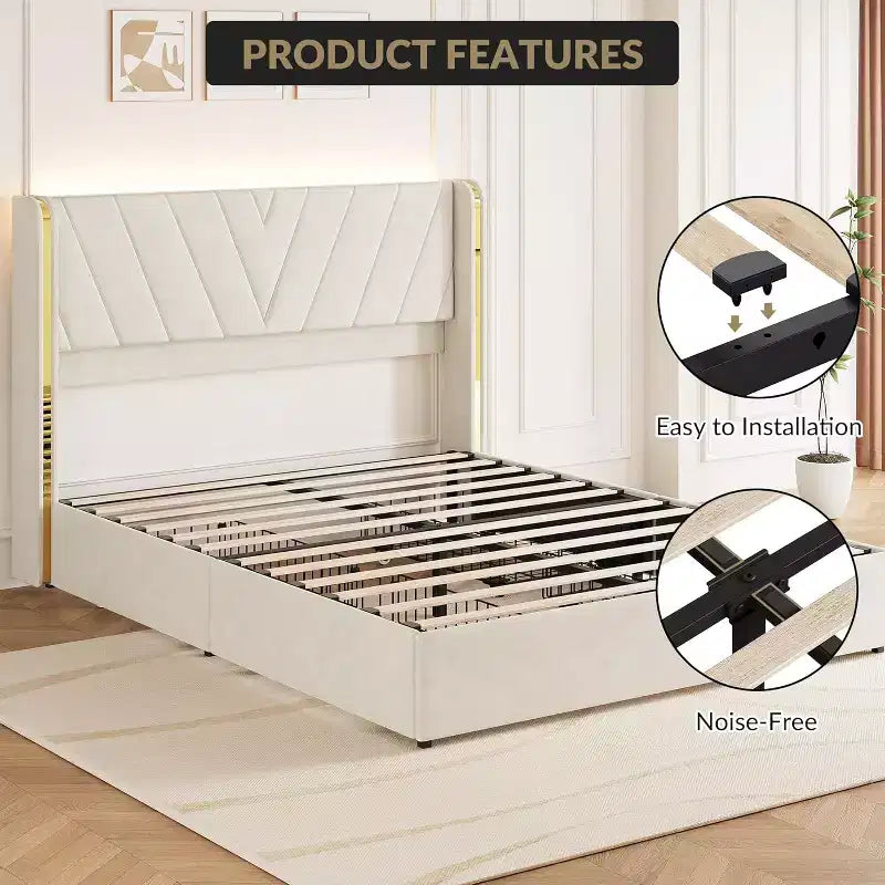 Upholstered Bed Frame,Queen Size Bedframe with 4 Storage Drawers,Velvet Platform with Wingback Headboard,No Box Spring Needed,Noise Free,Easy Assembly