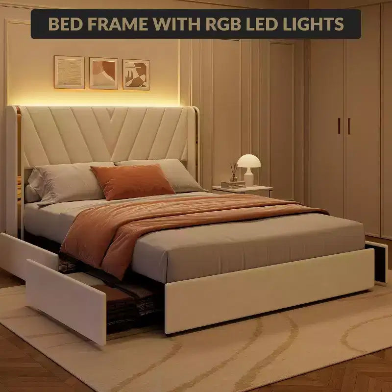 Upholstered Bed Frame,Queen Size Bedframe with 4 Storage Drawers,Velvet Platform with Wingback Headboard,No Box Spring Needed,Noise Free,Easy Assembly