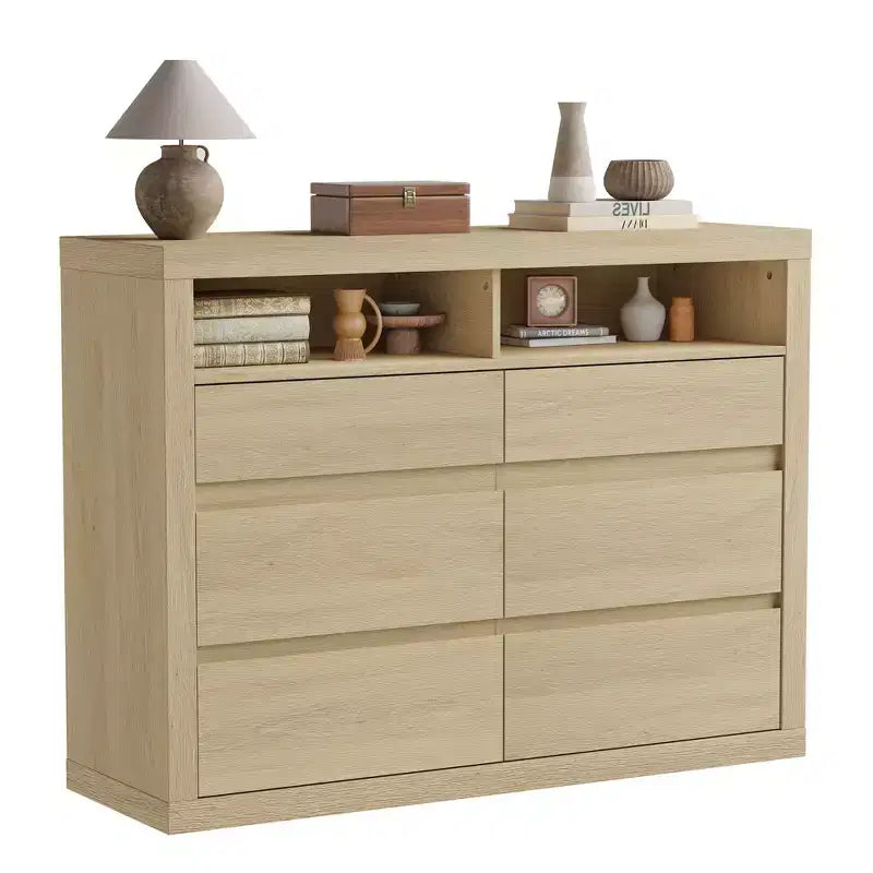 6 Drawer Dresser for Bedroom, Modern Mid Century Chest of Drawers with 2 Open Shelves, 47 Wide Wooden Double Dresser TV Stand for Closet, Living Room