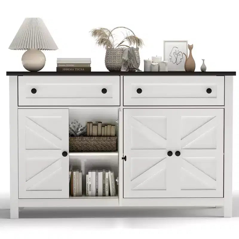 55.1" White Sideboard Buffet, Modern Farmhouse Storage Cabinet with Drawers & Doors, Coffee Bar Compatible