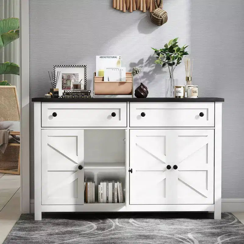 55.1" White Sideboard Buffet, Modern Farmhouse Storage Cabinet with Drawers & Doors, Coffee Bar Compatible