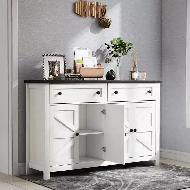 55.1" White Sideboard Buffet, Modern Farmhouse Storage Cabinet with Drawers & Doors, Coffee Bar Compatible