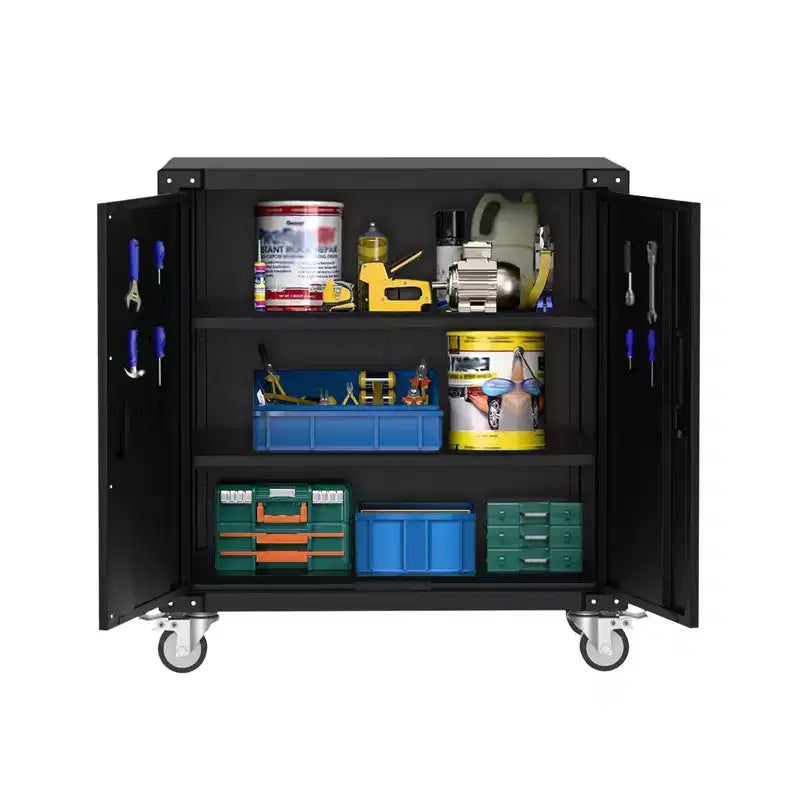 35.4" Metal Storage Cabinet with Wheels and Lock for Garage, Black