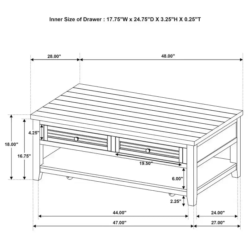2-Drawer Rectangular Coffee Table, Distressed Java Finish