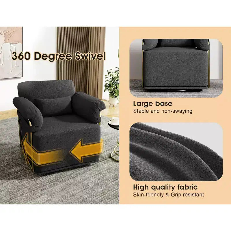 Square Swivel Accent Chair, Fluffy Fabric Upholstered with Golden Metal Legs, Pocket Spring Cushion, Lounge Chair for Living Room, Bedroom