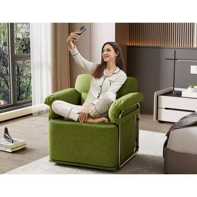 Square Swivel Accent Chair, Fluffy Fabric Upholstered with Golden Metal Legs, Pocket Spring Cushion, Lounge Chair for Living Room, Bedroom