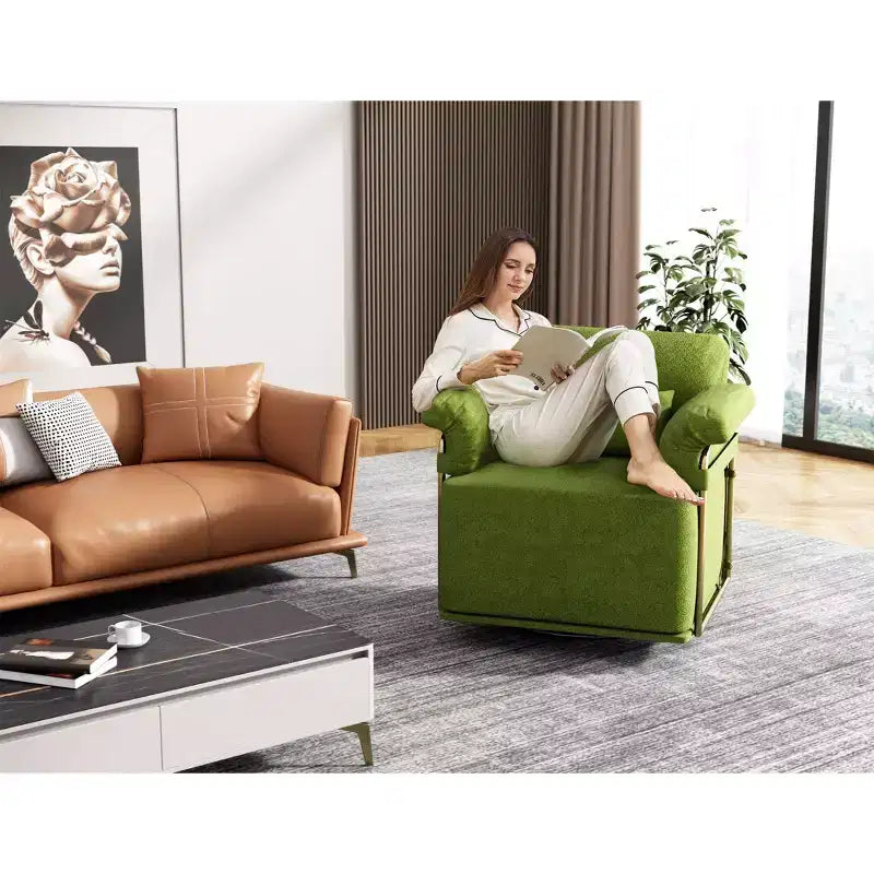 Square Swivel Accent Chair, Fluffy Fabric Upholstered with Golden Metal Legs, Pocket Spring Cushion, Lounge Chair for Living Room, Bedroom