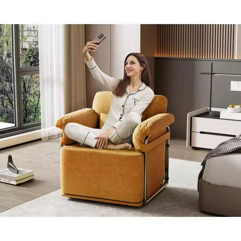 Square Swivel Accent Chair, Fluffy Fabric Upholstered with Golden Metal Legs, Pocket Spring Cushion, Lounge Chair for Living Room, Bedroom
