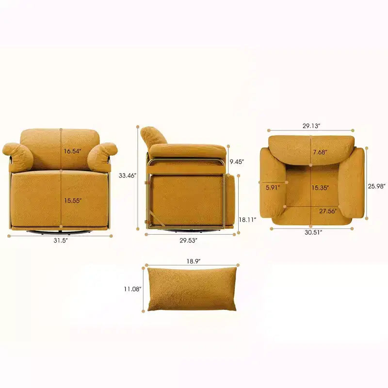 Square Swivel Accent Chair, Fluffy Fabric Upholstered with Golden Metal Legs, Pocket Spring Cushion, Lounge Chair for Living Room, Bedroom