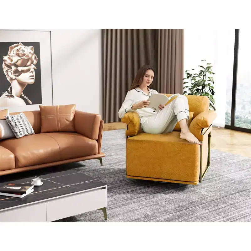 Square Swivel Accent Chair, Fluffy Fabric Upholstered with Golden Metal Legs, Pocket Spring Cushion, Lounge Chair for Living Room, Bedroom