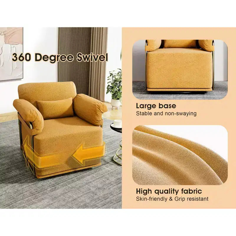 Square Swivel Accent Chair, Fluffy Fabric Upholstered with Golden Metal Legs, Pocket Spring Cushion, Lounge Chair for Living Room, Bedroom