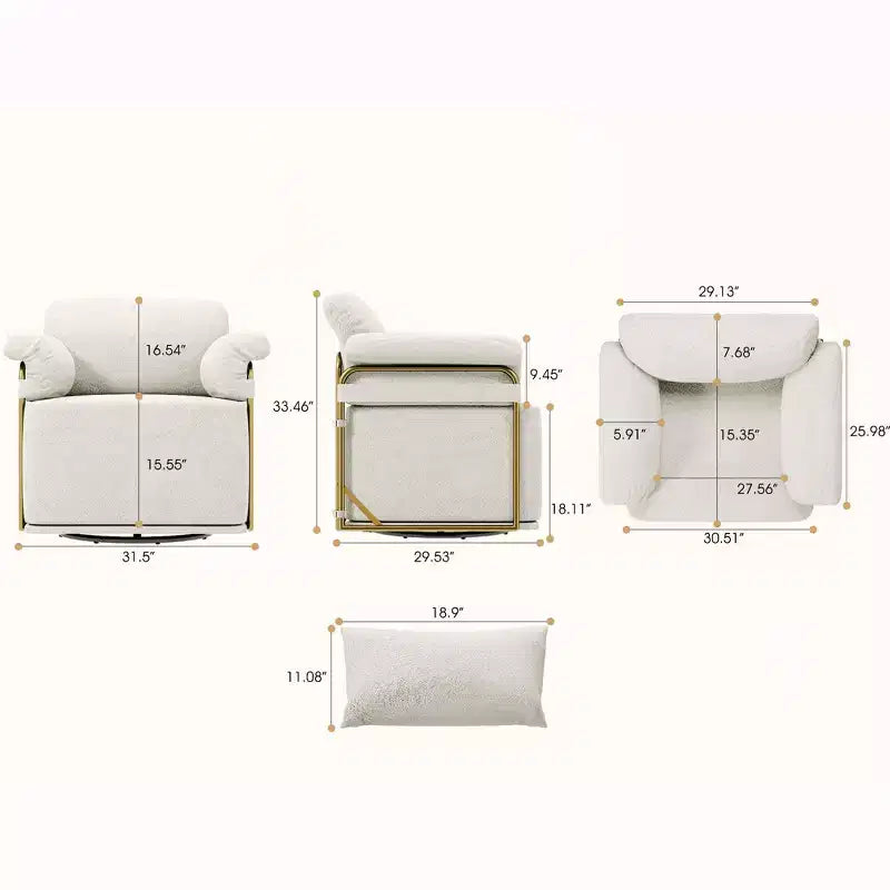Square Swivel Accent Chair, Fluffy Fabric Upholstered with Golden Metal Legs, Pocket Spring Cushion, Lounge Chair for Living Room, Bedroom