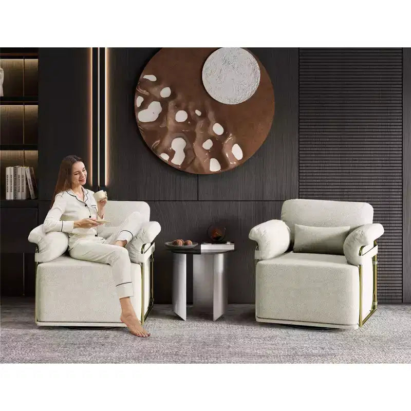 Square Swivel Accent Chair, Fluffy Fabric Upholstered with Golden Metal Legs, Pocket Spring Cushion, Lounge Chair for Living Room, Bedroom