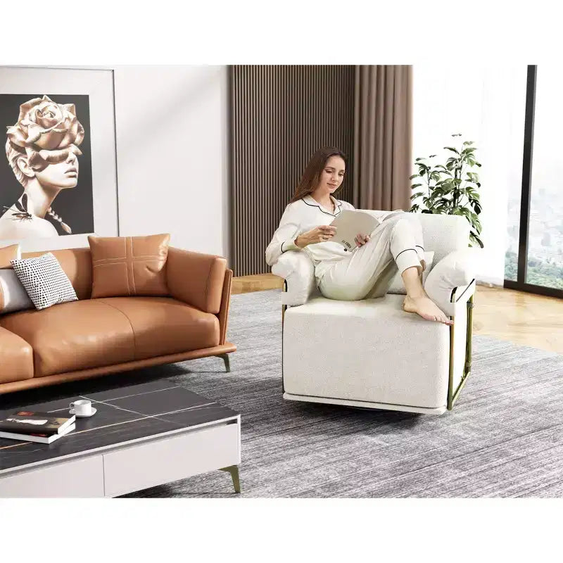 Square Swivel Accent Chair, Fluffy Fabric Upholstered with Golden Metal Legs, Pocket Spring Cushion, Lounge Chair for Living Room, Bedroom