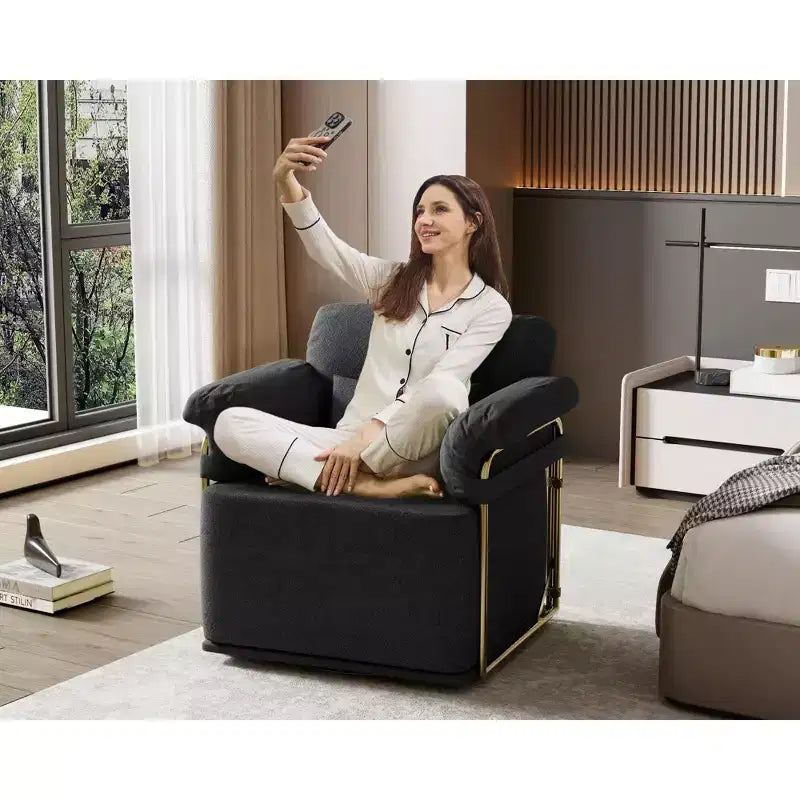 Square Swivel Accent Chair, Fluffy Fabric Upholstered with Golden Metal Legs, Pocket Spring Cushion, Lounge Chair for Living Room, Bedroom