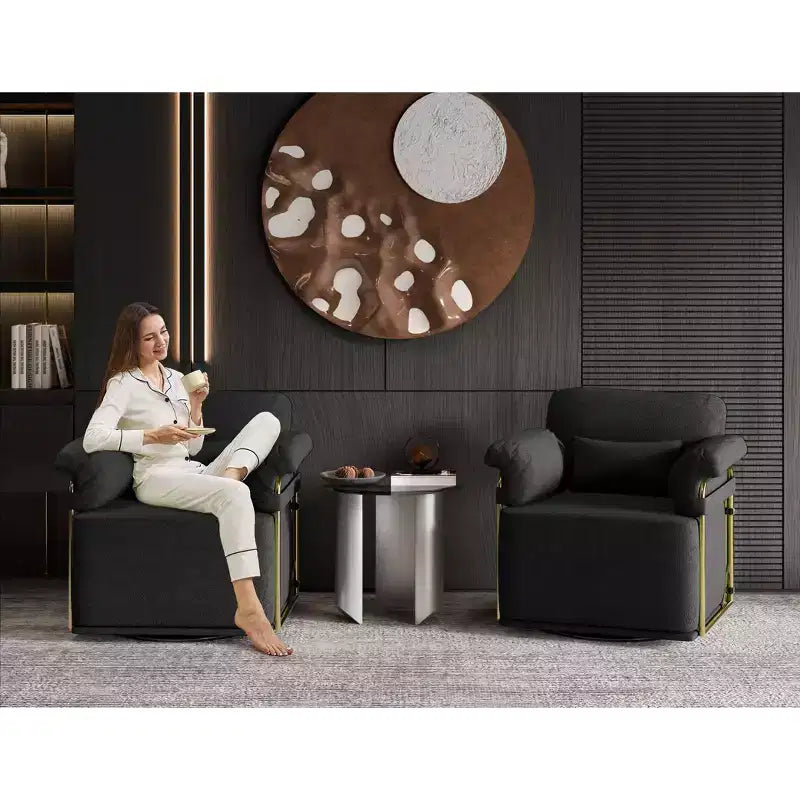 Square Swivel Accent Chair, Fluffy Fabric Upholstered with Golden Metal Legs, Pocket Spring Cushion, Lounge Chair for Living Room, Bedroom