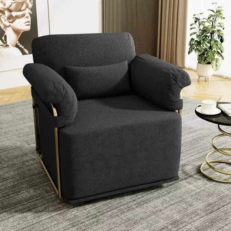 Square Swivel Accent Chair, Fluffy Fabric Upholstered with Golden Metal Legs, Pocket Spring Cushion, Lounge Chair for Living Room, Bedroom