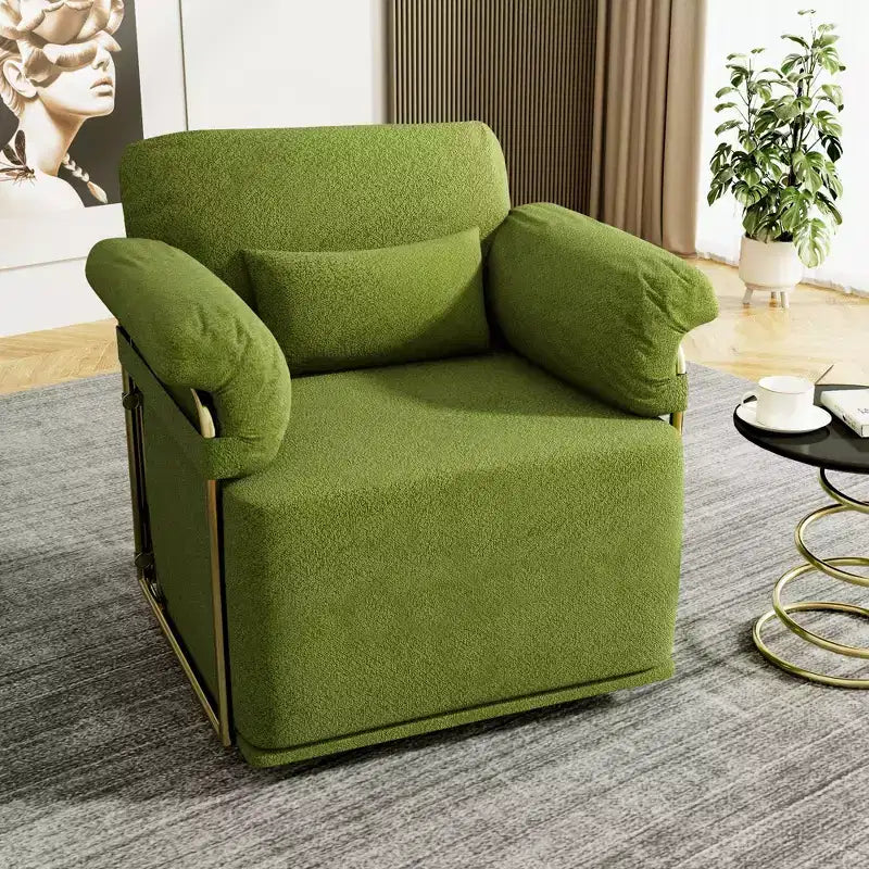 Square Swivel Accent Chair, Fluffy Fabric Upholstered with Golden Metal Legs, Pocket Spring Cushion, Lounge Chair for Living Room, Bedroom