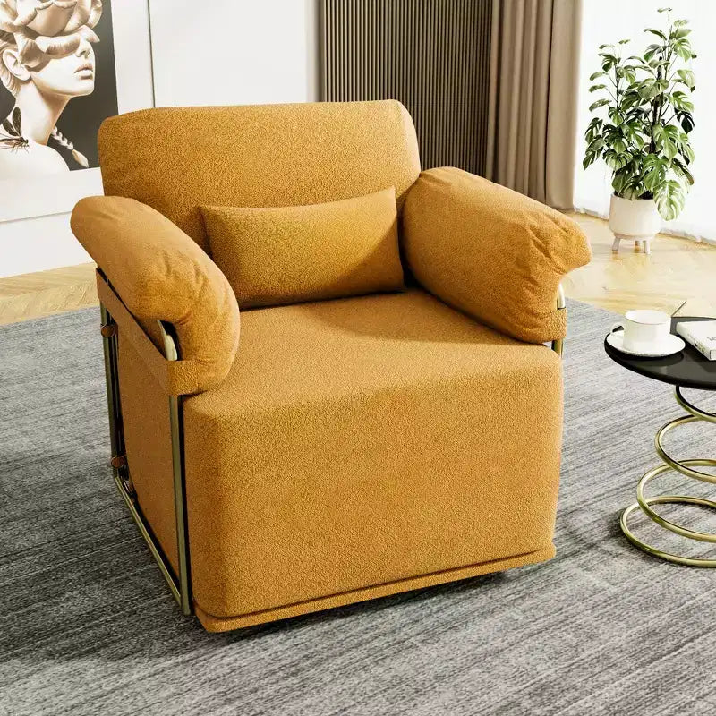 Square Swivel Accent Chair, Fluffy Fabric Upholstered with Golden Metal Legs, Pocket Spring Cushion, Lounge Chair for Living Room, Bedroom