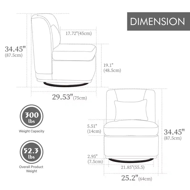 25.2" Modern Chenille Swivel Chair with Pillow, Pocket Spring Cushion, Metal Base, Armless Accent Chair for Living Room, Office, Lounge