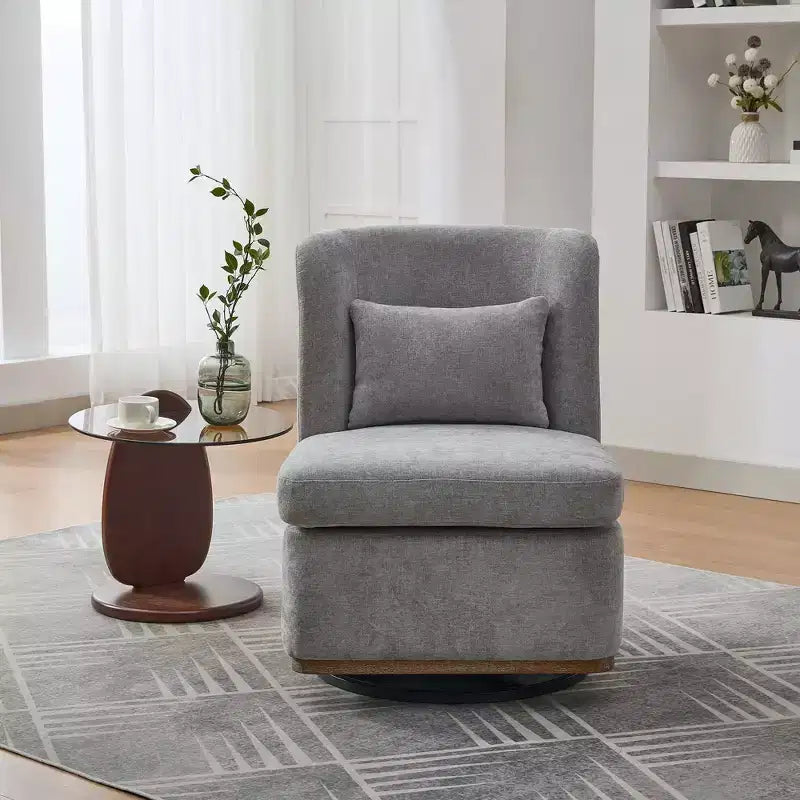 25.2" Modern Chenille Swivel Chair with Pillow, Pocket Spring Cushion, Metal Base, Armless Accent Chair for Living Room, Office, Lounge