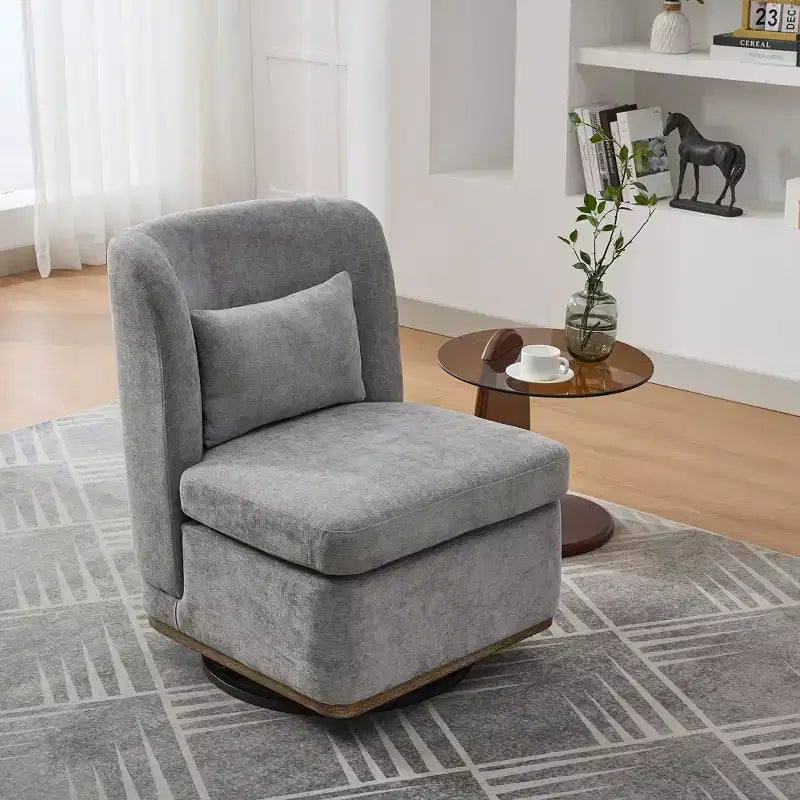 25.2" Modern Chenille Swivel Chair with Pillow, Pocket Spring Cushion, Metal Base, Armless Accent Chair for Living Room, Office, Lounge