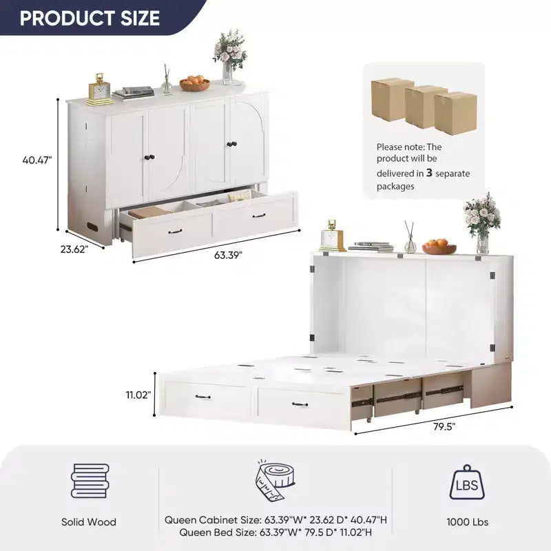 Modern Murphy Bed Queen Size with Charging & Storage, Optional Mattress