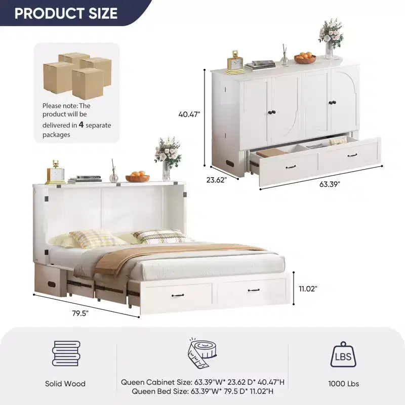 Modern Murphy Bed Queen Size with Charging & Storage, Optional Mattress