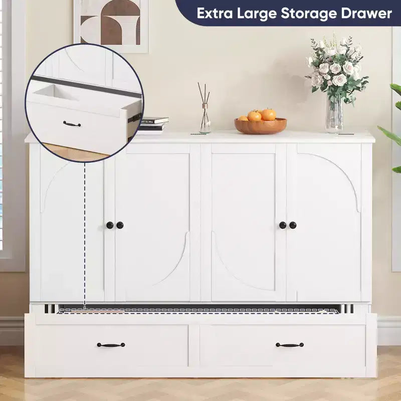 Modern Murphy Bed Queen Size with Charging & Storage, Optional Mattress