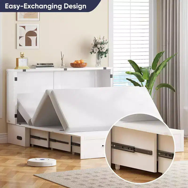 Modern Murphy Bed Queen Size with Charging & Storage, Optional Mattress