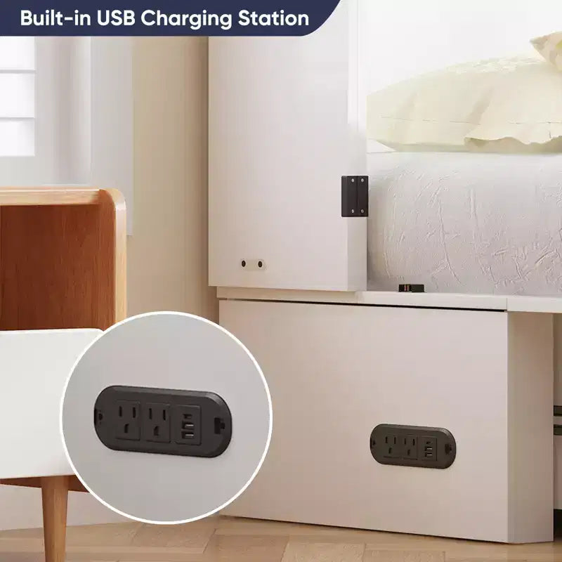 Modern Murphy Bed Queen Size with Charging & Storage, Optional Mattress