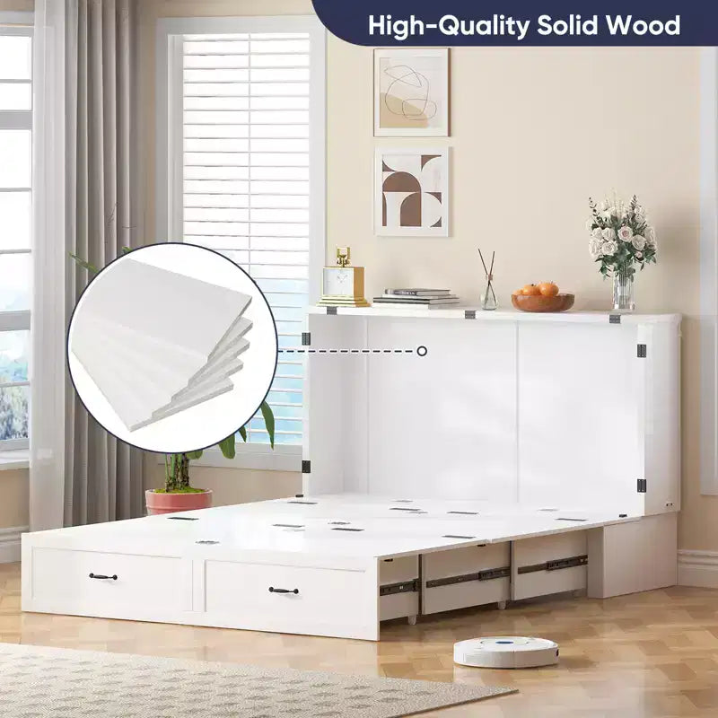 Modern Murphy Bed Queen Size with Charging & Storage, Optional Mattress