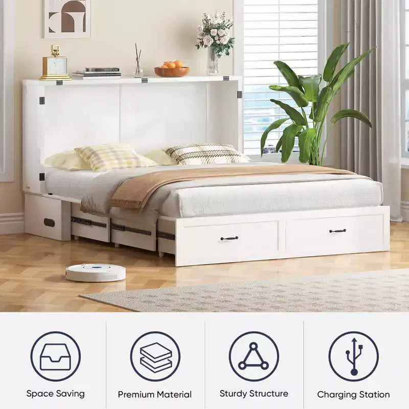 Modern Murphy Bed Queen Size with Charging & Storage, Optional Mattress