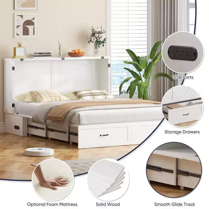 Modern Murphy Bed Queen Size with Charging & Storage, Optional Mattress