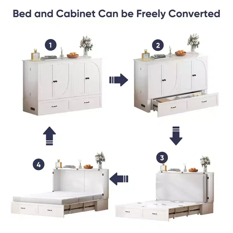 Modern Murphy Bed Queen Size with Charging & Storage, Optional Mattress