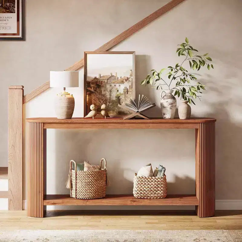 63-Inch Long Solid Wood Console Table, Farmhouse 2-Tier Narrow Sofa Entryway Table for Living Room, Hallway