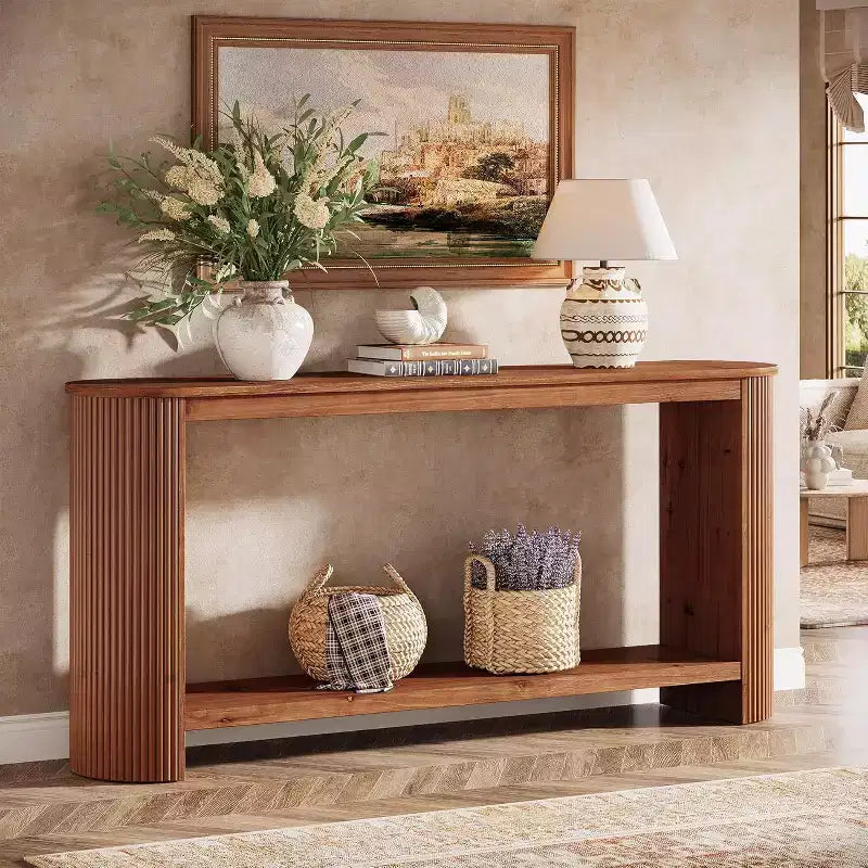 63-Inch Long Solid Wood Console Table, Farmhouse 2-Tier Narrow Sofa Entryway Table for Living Room, Hallway