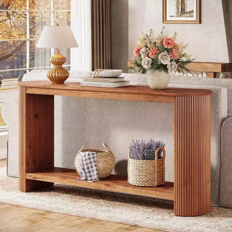 63-Inch Long Solid Wood Console Table, Farmhouse 2-Tier Narrow Sofa Entryway Table for Living Room, Hallway