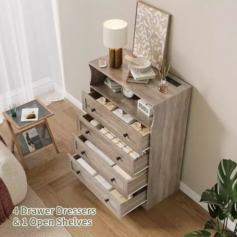 4 Drawer Wooden Dresser for Bedroom, Modern Nightstand, Wood Chest of Drawers Storage Organizer for Living Room, Hallway, Closet