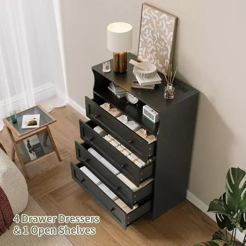 4 Drawer Wooden Dresser for Bedroom, Modern Nightstand, Wood Chest of Drawers Storage Organizer for Living Room, Hallway, Closet