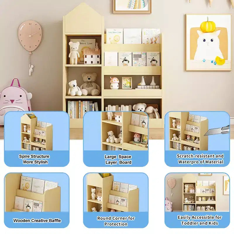 Wood Kids Bookshelf with 6 Compartments & 2 Baskets, Toy Storage Organizer for Bedroom, Nursery, Playroom