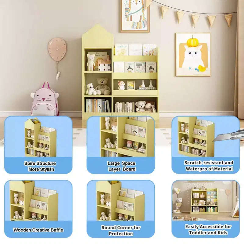 Wood Kids Bookshelf with 6 Compartments & 2 Baskets, Toy Storage Organizer for Bedroom, Nursery, Playroom