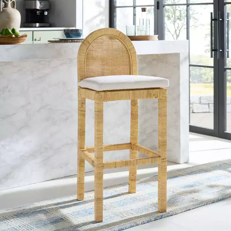 Cane Round Back Bar Stool, Natural/White, Mango Wood Frame