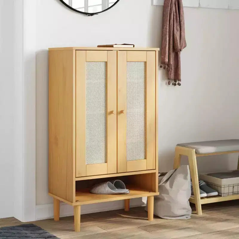 Shoe Cabinet Accent Storage Organizer, Rattan Look Solid Pine Wood