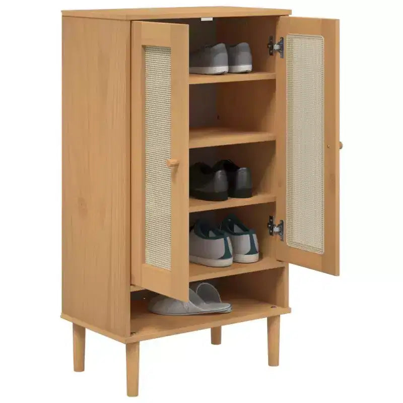 Shoe Cabinet Accent Storage Organizer, Rattan Look Solid Pine Wood
