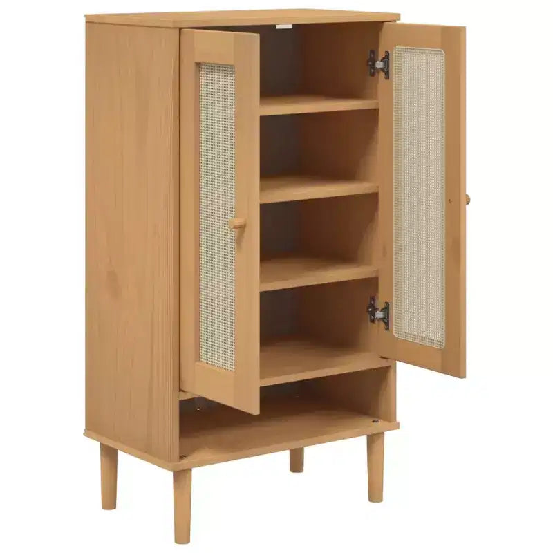 Shoe Cabinet Accent Storage Organizer, Rattan Look Solid Pine Wood